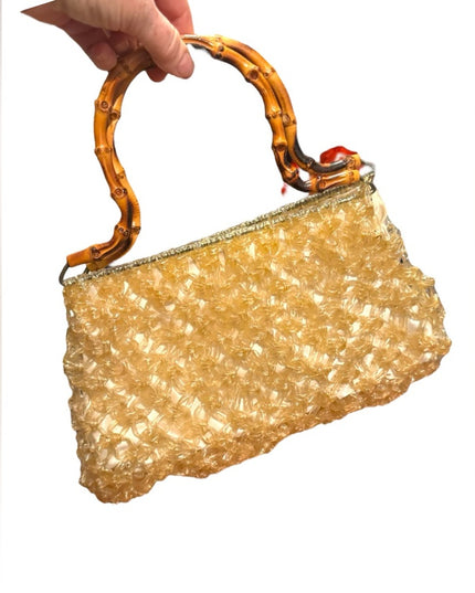 Elegant Handmade Heavy Plastic Gold Handbag with Bamboo Handle 1960s