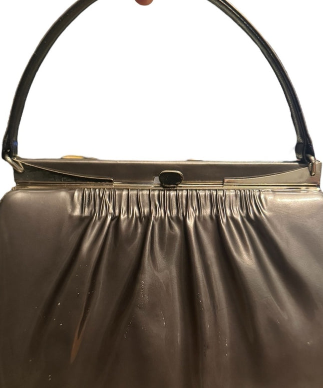 Elegant 1960s John Hart Silver & Black Jackie O style Women's Handbag Kiss Lock