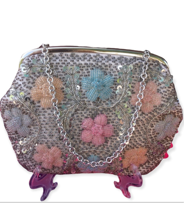 - Vintage silver pastel color flower purse 1960s