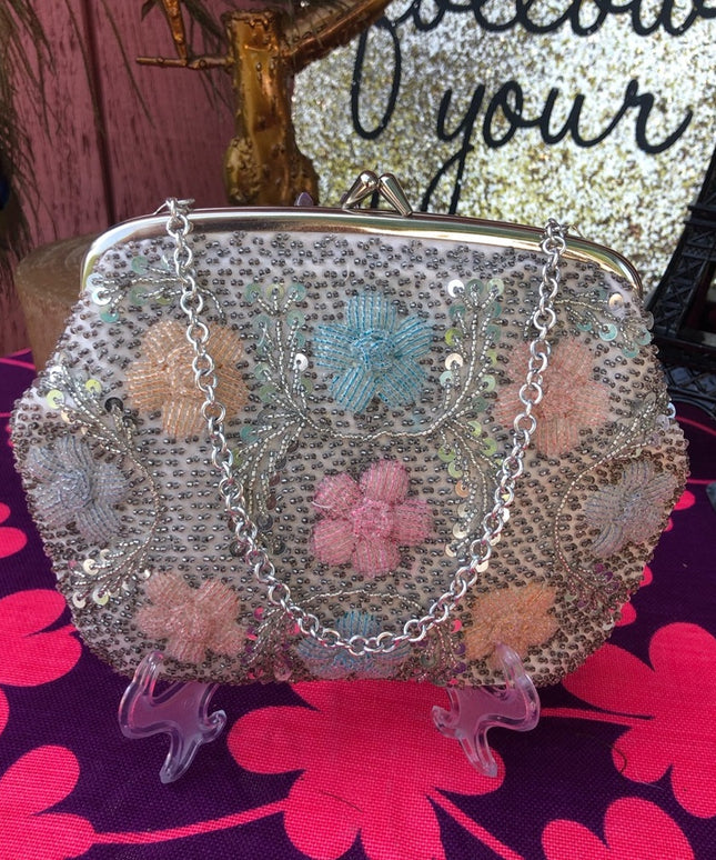- Vintage silver pastel color flower purse 1960s