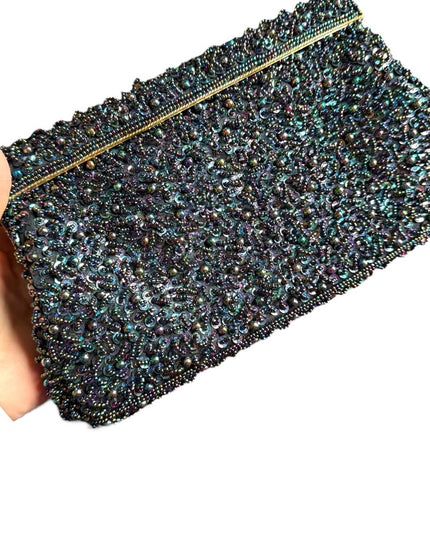 Vintage Black Satin bead Shoulder Bag Evening Purse Sequins gold clutch event