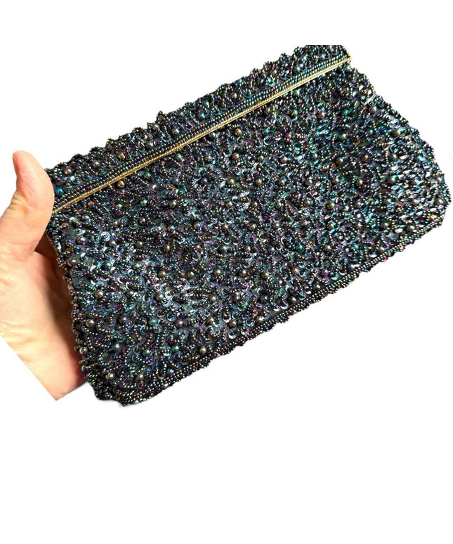 Vintage Black Satin bead Shoulder Bag Evening Purse Sequins gold clutch event