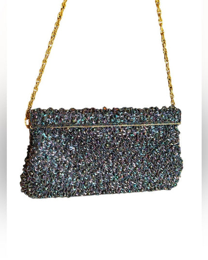Vintage Black Satin bead Shoulder Bag Evening Purse Sequins gold clutch event
