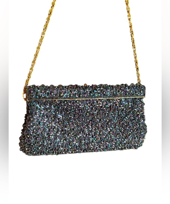 Vintage Black Satin bead Shoulder Bag Evening Purse Sequins gold clutch event