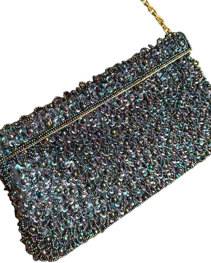 Vintage Black Satin bead Shoulder Bag Evening Purse Sequins gold clutch event