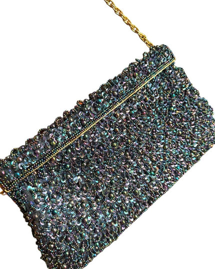 Vintage Black Satin bead Shoulder Bag Evening Purse Sequins gold clutch event