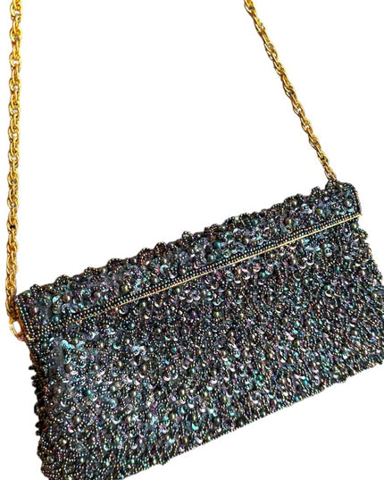 Vintage Black Satin bead Shoulder Bag Evening Purse Sequins gold clutch event