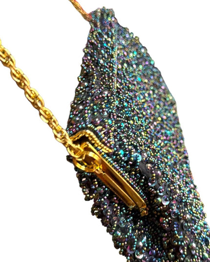 Vintage Black Satin bead Shoulder Bag Evening Purse Sequins gold clutch event