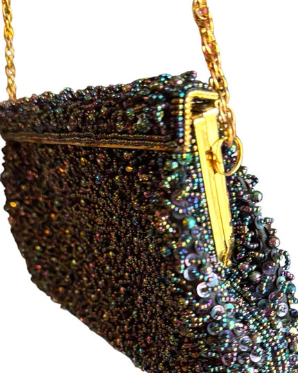 Vintage Black Satin bead Shoulder Bag Evening Purse Sequins gold clutch event