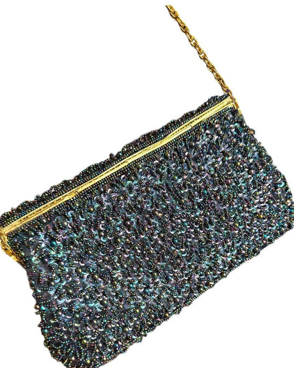 Vintage Black Satin bead Shoulder Bag Evening Purse Sequins gold clutch event