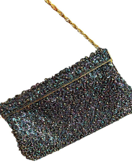 Vintage Black Satin bead Shoulder Bag Evening Purse Sequins gold clutch event