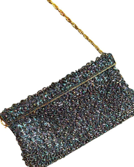 Vintage Black Satin bead Shoulder Bag Evening Purse Sequins gold clutch event