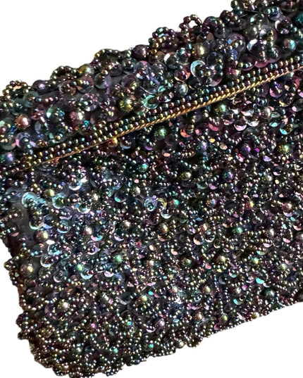 Vintage Black Satin bead Shoulder Bag Evening Purse Sequins gold clutch event