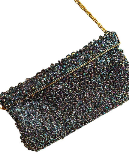 Vintage Black Satin bead Shoulder Bag Evening Purse Sequins gold clutch event