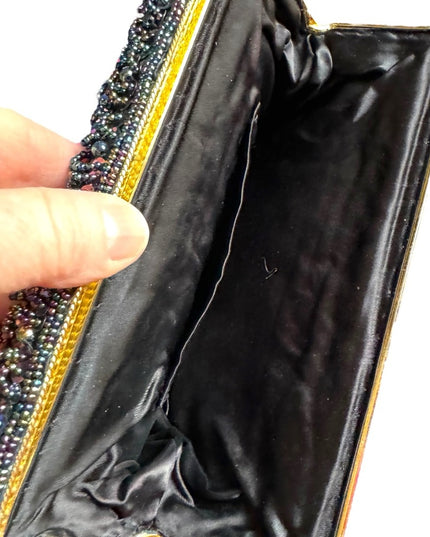 Vintage Black Satin bead Shoulder Bag Evening Purse Sequins gold clutch event