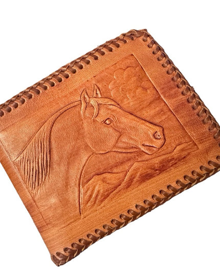 Vintage Hand Tooled Bifold Leather Wallet HORSE design Mexico Artisan