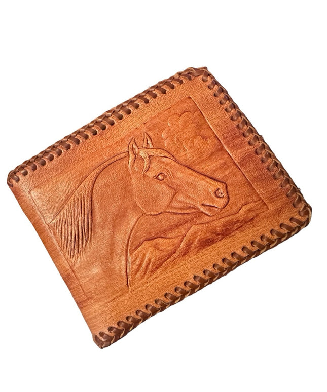 Vintage Hand Tooled Bifold Leather Wallet HORSE design Mexico Artisan