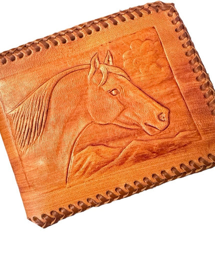 Vintage Hand Tooled Bifold Leather Wallet HORSE design Mexico Artisan