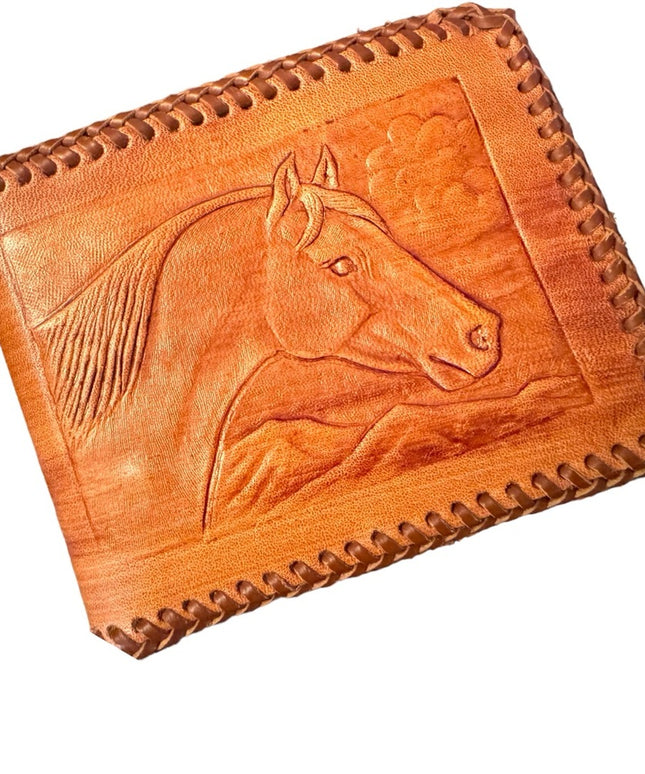 Vintage Hand Tooled Bifold Leather Wallet HORSE design Mexico Artisan