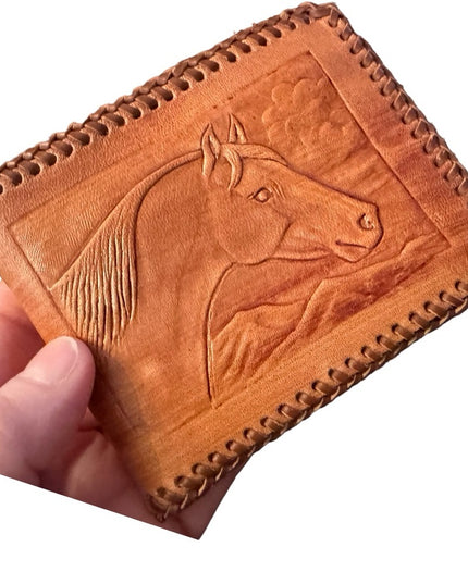 Vintage Hand Tooled Bifold Leather Wallet HORSE design Mexico Artisan
