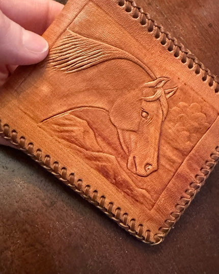 Vintage Hand Tooled Bifold Leather Wallet HORSE design Mexico Artisan