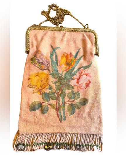 Lovely Early 1900s micro beaded purse flowers fringe Victorian  art deco