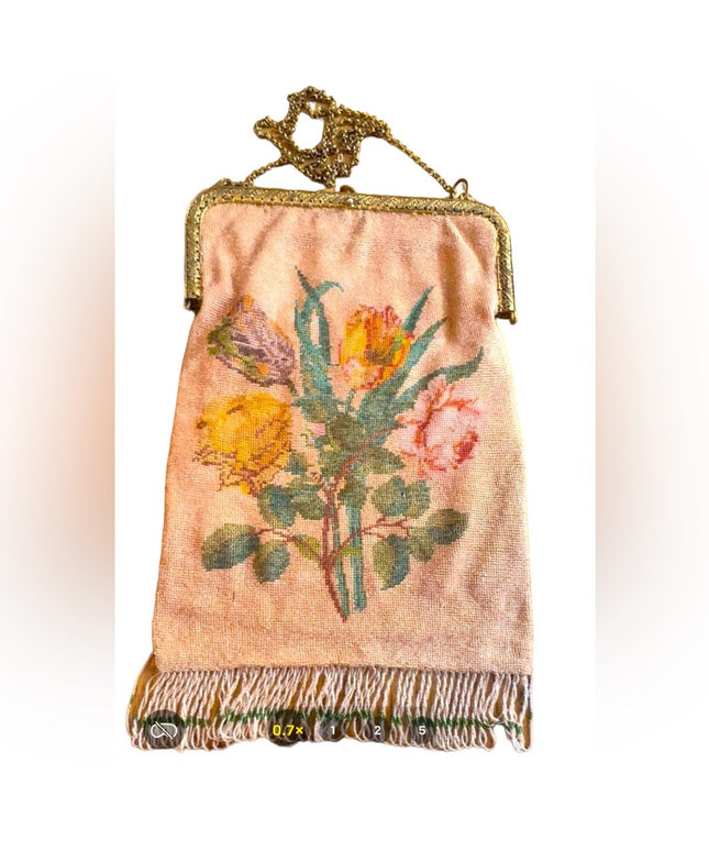 Lovely Early 1900s micro beaded purse flowers fringe Victorian  art deco