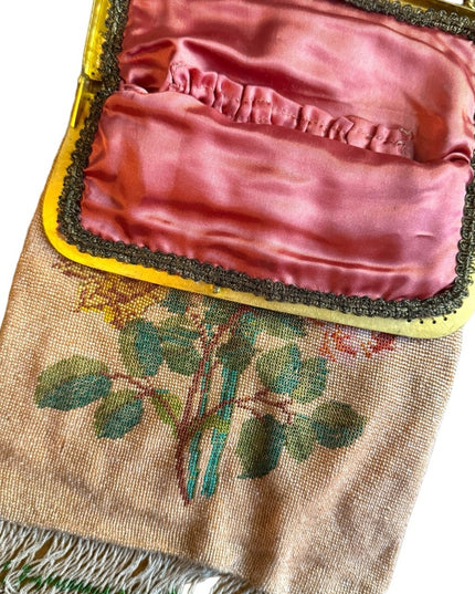 Lovely Early 1900s micro beaded purse flowers fringe Victorian  art deco