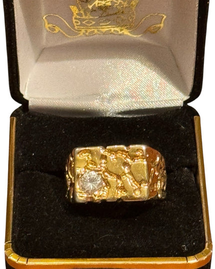 Vintage Mens Gold Plated Nugget Ring with CZ Accent 1970s