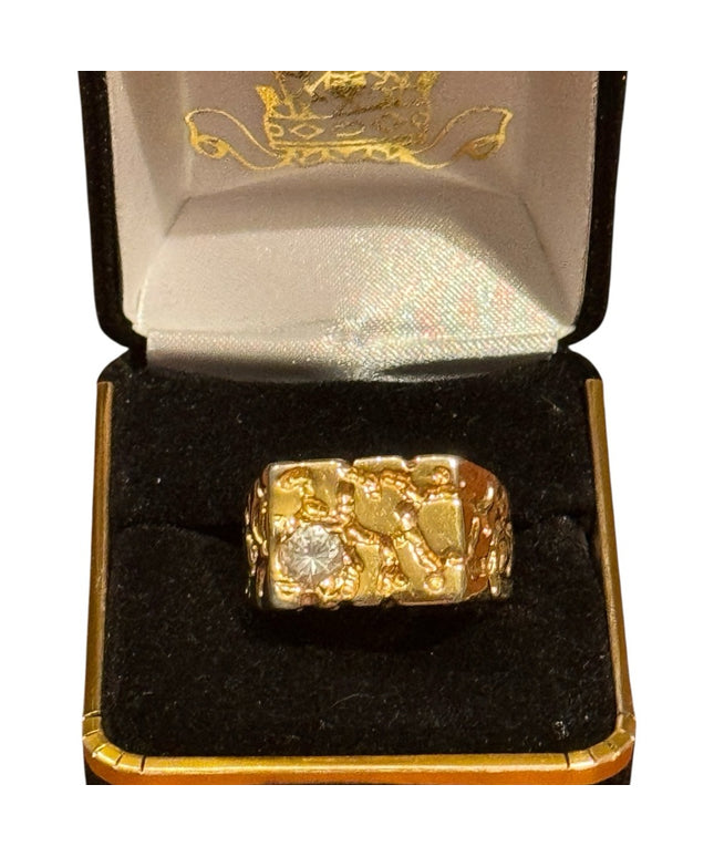 Vintage Mens Gold Plated Nugget Ring with CZ Accent 1970s