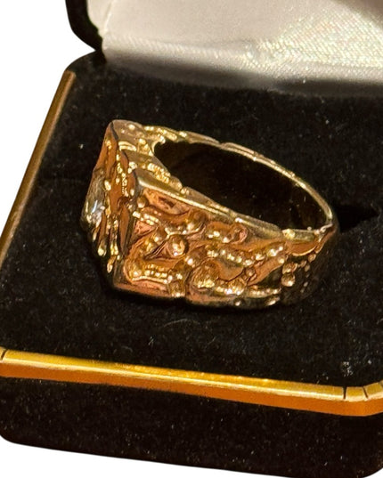 Vintage Mens Gold Plated Nugget Ring with CZ Accent 1970s