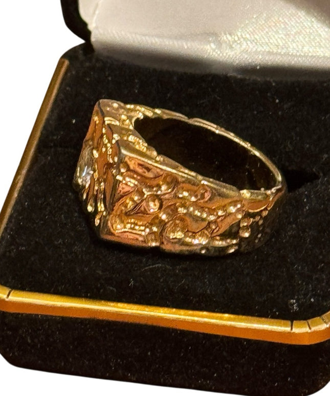 Vintage Mens Gold Plated Nugget Ring with CZ Accent 1970s