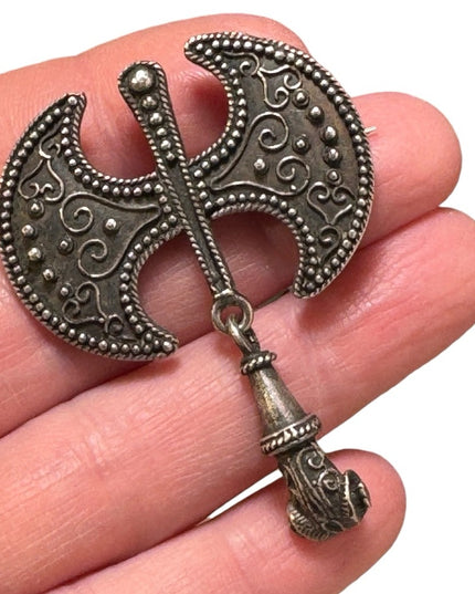 Antique Celtic double axe dangle solid ram head sterling silver handmade brooch