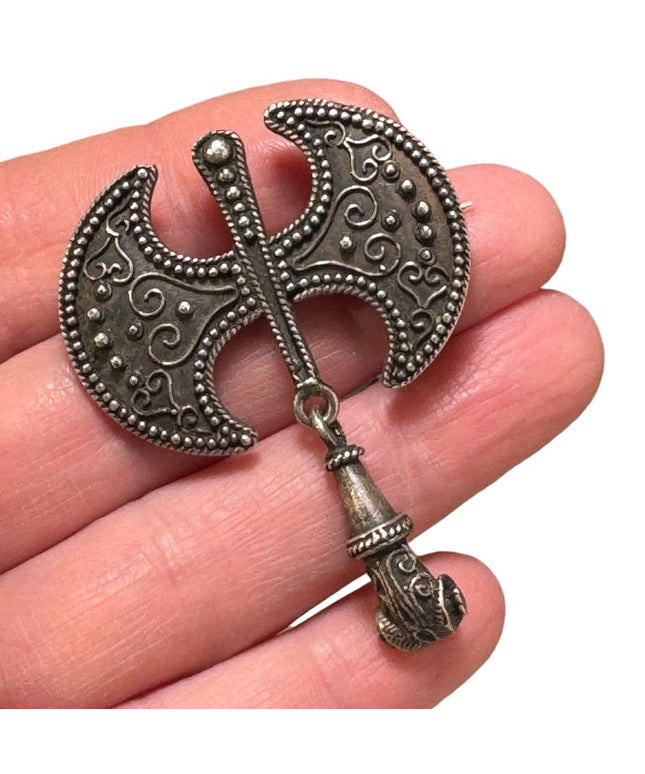 Antique Celtic double axe dangle solid ram head sterling silver handmade brooch