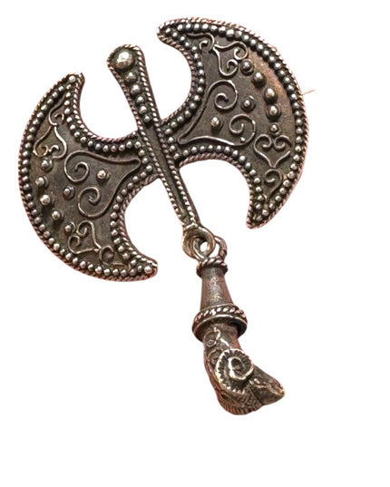 Antique Celtic double axe dangle solid ram head sterling silver handmade brooch