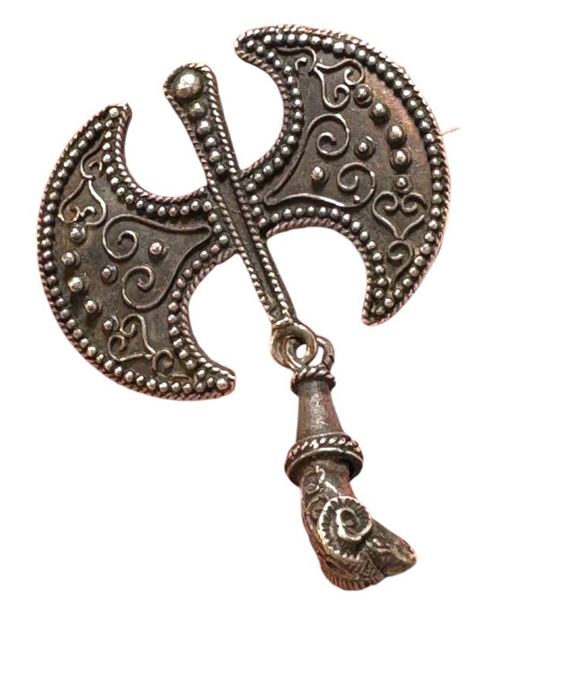 Antique Celtic double axe dangle solid ram head sterling silver handmade brooch