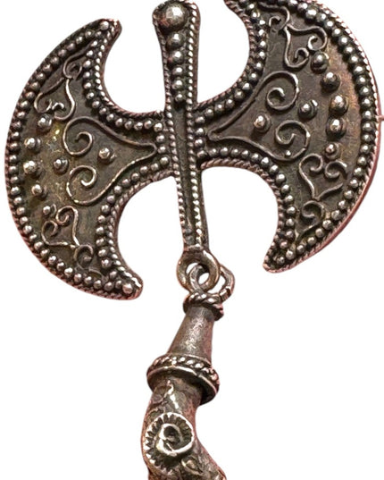 Antique Celtic double axe dangle solid ram head sterling silver handmade brooch