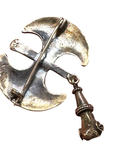 Antique Celtic double axe dangle solid ram head sterling silver handmade brooch