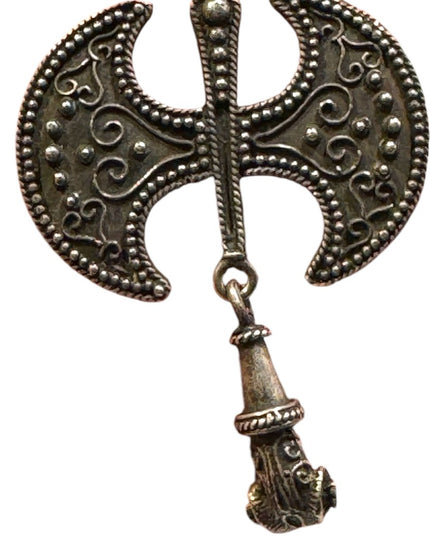 Antique Celtic double axe dangle solid ram head sterling silver handmade brooch
