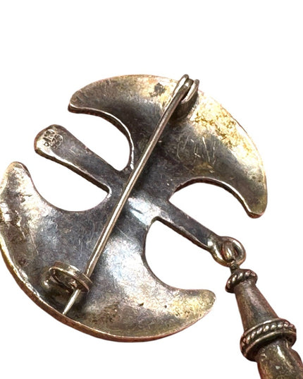 Antique Celtic double axe dangle solid ram head sterling silver handmade brooch