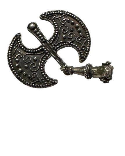 Antique Celtic double axe dangle solid ram head sterling silver handmade brooch