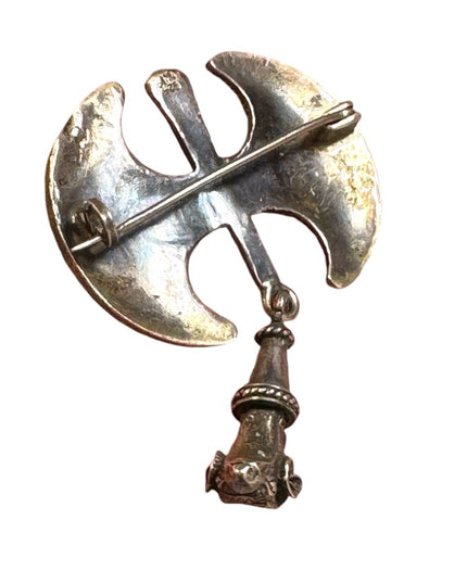 Antique Celtic double axe dangle solid ram head sterling silver handmade brooch