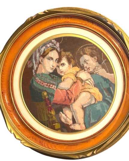 Vintage Framed Needlepoint Religious Mary Child Art round Shawdow box wood frame