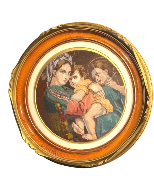 Vintage Framed Needlepoint Religious Mary Child Art round Shawdow box wood frame