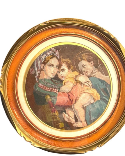 Vintage Framed Needlepoint Religious Mary Child Art round Shawdow box wood frame