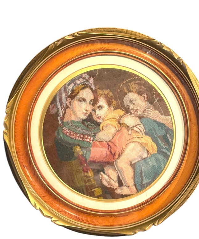 Vintage Framed Needlepoint Religious Mary Child Art round Shawdow box wood frame