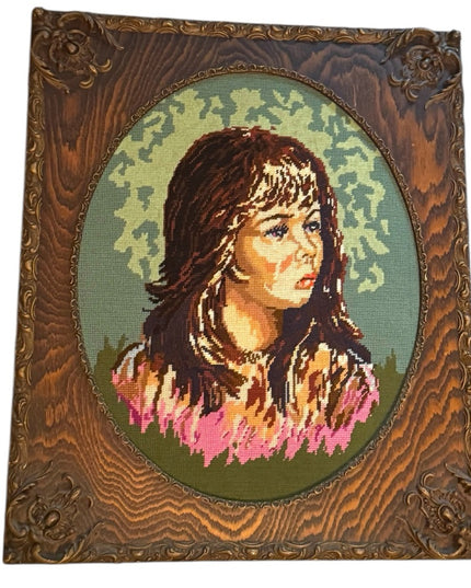 Vintage Needlepoint Girl Portrait Ornate solid Tiger Oak Wood Frame Picture