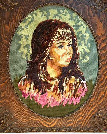 Vintage Needlepoint Girl Portrait Ornate solid Tiger Oak Wood Frame Picture