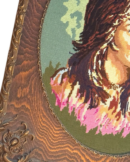 Vintage Needlepoint Girl Portrait Ornate solid Tiger Oak Wood Frame Picture