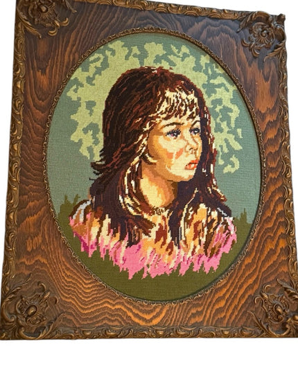 Vintage Needlepoint Girl Portrait Ornate solid Tiger Oak Wood Frame Picture
